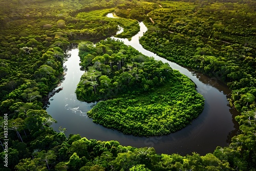 Aerial View of Winding River through Dense Forest photo