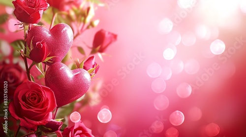Red roses and hearts on a pink background with bokeh effect.