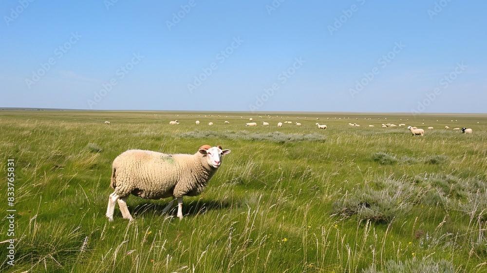 Fototapeta premium image capturing the beauty of a grassland landscape under a clear blue sky with grazing sheep