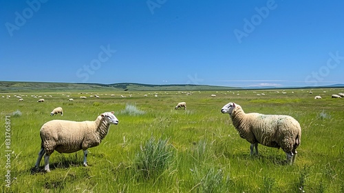 image capturing the beauty of a grassland landscape under a clear blue sky with grazing sheep