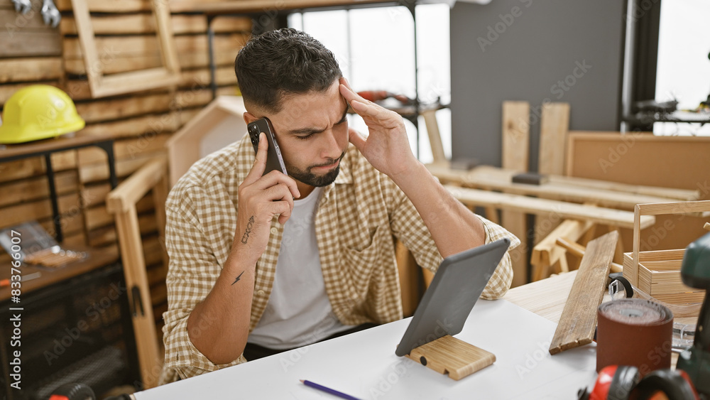 A stressed man talks on the phone in a cluttered carpentry workshop while looking at a tablet. A stressed man talks on the phone in a cluttered carpentry workshop while looking at a tablet.