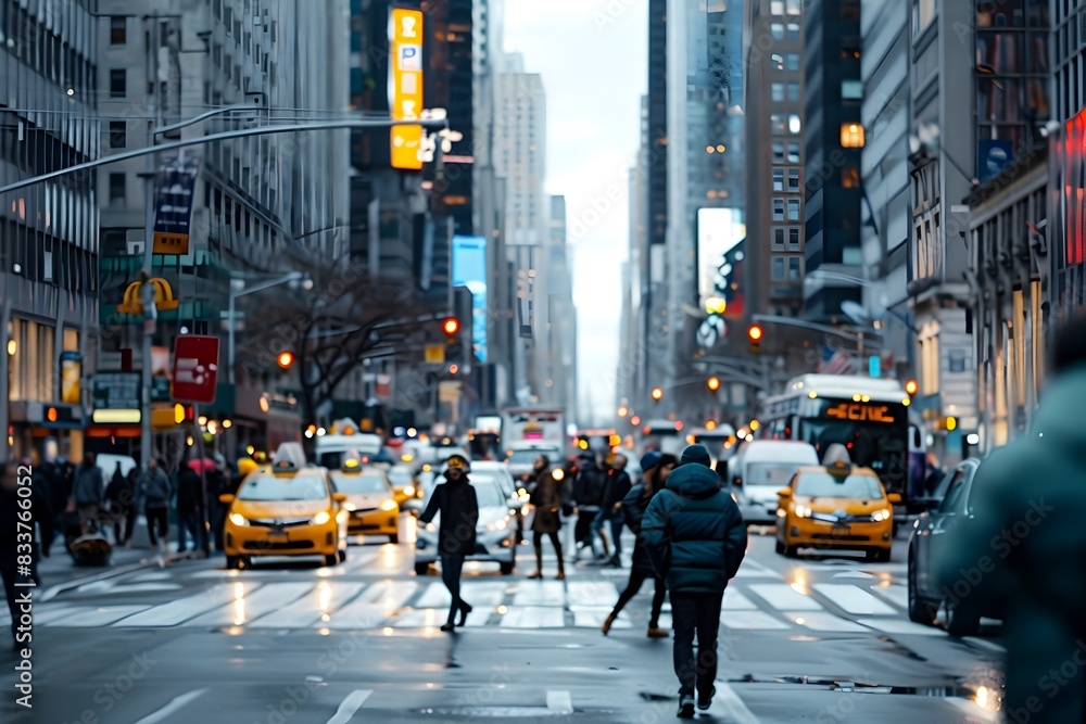 Obraz premium Bustling City Street People Walking and Traffic Moving