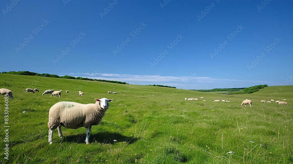 Obraz premium Create an aesthetic mid-journey image capturing the beauty of a grassland landscape under a clear blue sky with grazing sheep