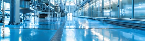 The interior of a modern industrial building with blue epoxy resin flooring.