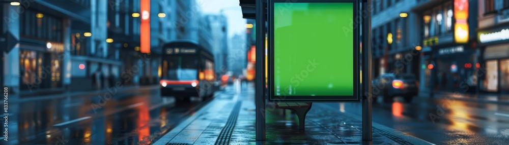 Bus Shelter Ad Mockup Focus on a bus shelter ad with a green screen with a city street background, empty space center for text Bus Shelter Ad Mockup Focus on a bus shelter ad with a green screen with a city street background, empty space center for text