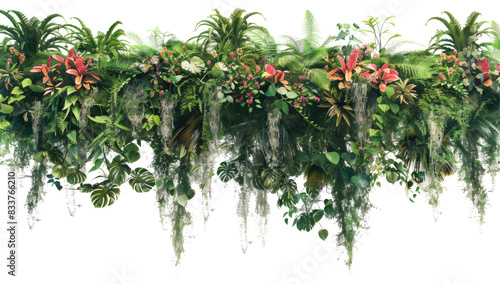 Fototapeta Naklejka Na Ścianę i Meble -  A lush jungle scene featuring a large, ancient tree with hanging vines and a variety of tropical flowers