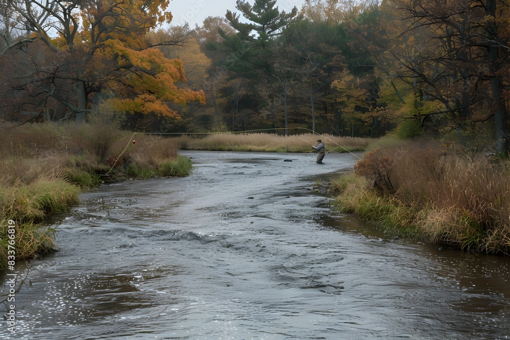 Fisherman Casting Line into River at Dawn Fisherman Casting Line into River at Dawn