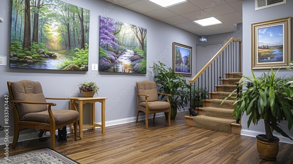therapeutic nature art, therapists office adorned with peaceful nature paintings, creating a serene ambiance ideal for relaxation and reflection therapeutic nature art, therapists office adorned with peaceful nature paintings, creating a serene ambiance ideal for relaxation and reflection