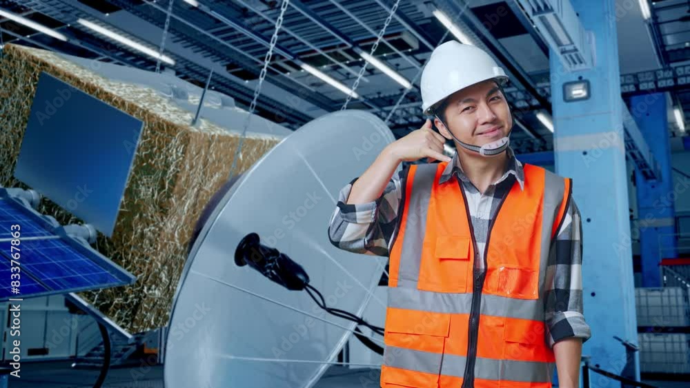 Asian Male Engineer With Safety Helmet Smiling To Camera And Making Call Me Gesture While Standing With Spacecraft Construction Asian Male Engineer With Safety Helmet Smiling To Camera And Making Call Me Gesture While Standing With Spacecraft Construction