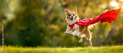 A dog in a red cape of a superhero flies above the ground in a park photo