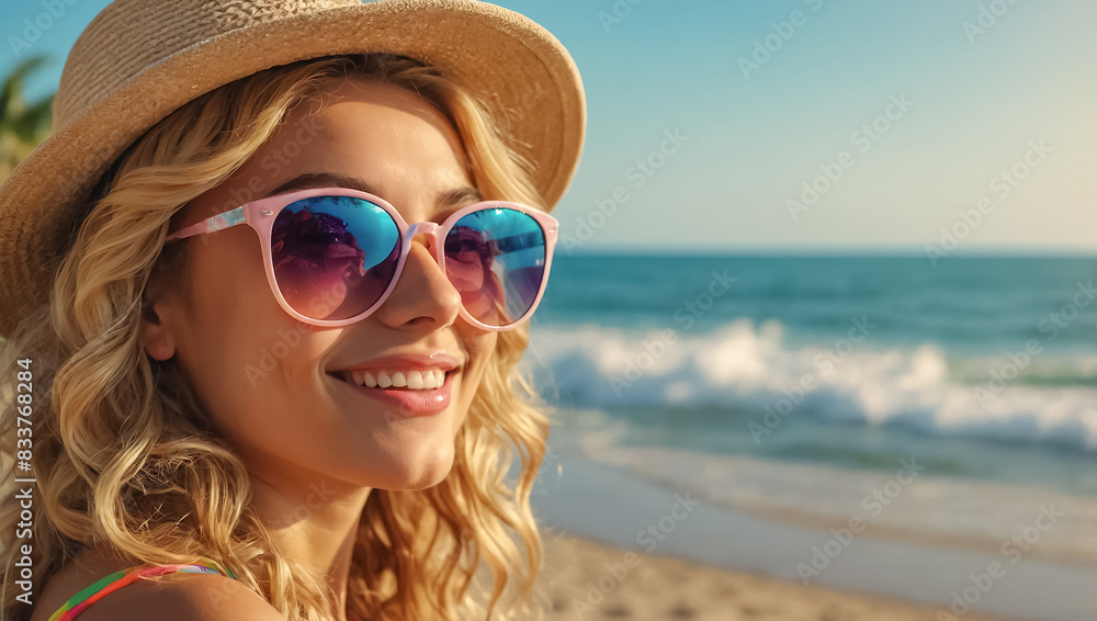 Beautiful girl in a hat and sunglasses on the beach Beautiful girl in a hat and sunglasses on the beach
