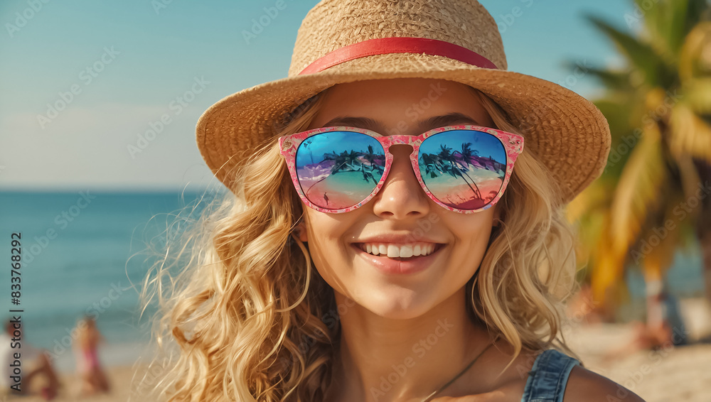 Beautiful girl in a hat and sunglasses on the beach Beautiful girl in a hat and sunglasses on the beach