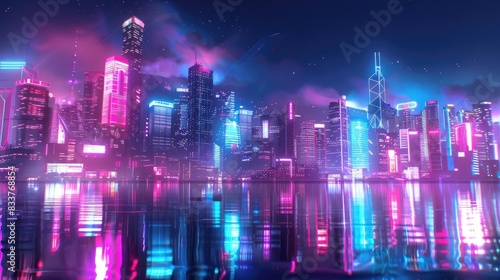 A stunning futuristic cityscape illuminated with vibrant neon lights and reflecting on water  creating a captivating urban skyline at night.