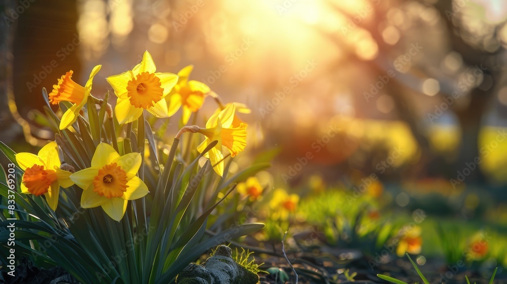 Obraz premium Classic daffodils in bright yellow color blooming in a winter garden filled with sunlight surrounded by tree branches