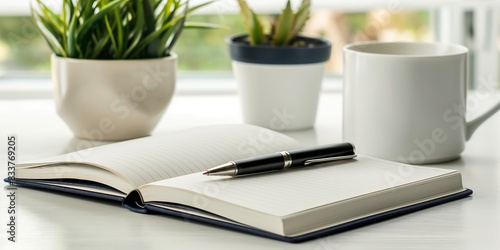 A pen is sitting on a notebook with a plant in the background