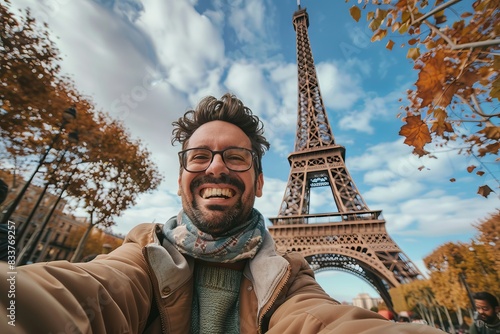 Joyful tourist snapping selfie by Eiffel tower in sunny Paris morning photo