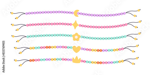 Kids jewelry set. Colorful handmade bracelets with plastic beads. Friendship bracelets. Vector illustration in flat style