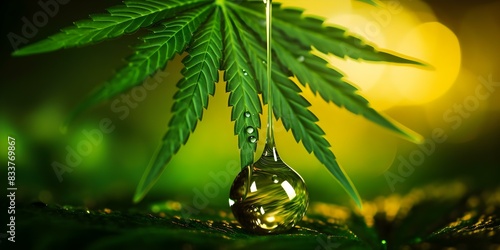 CBD Oil Droplet Falling onto a Marijuana Plant: Medical Concept. Concept CBD, THC, MedicalMarijuana, HealthBenefits, CannabisEffects photo