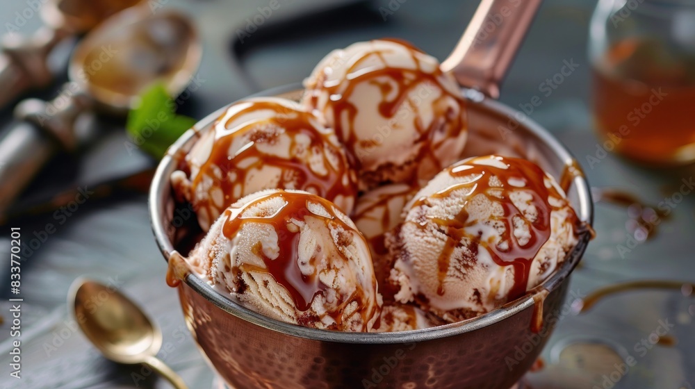 An appetizing arrangement of ice cream balls nestled in a copper saucepan, drizzled with caramel An appetizing arrangement of ice cream balls nestled in a copper saucepan, drizzled with caramel