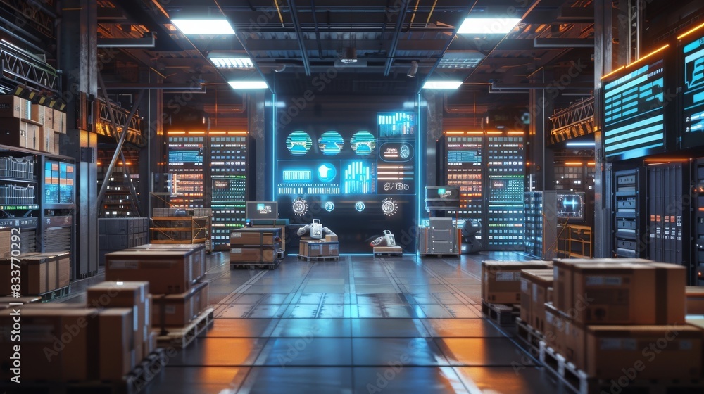 In a future technology 3D concept, automated warehouse vehicles deliver cardboard boxes in a distribution logistics center. In a future technology 3D concept, automated warehouse vehicles deliver cardboard boxes in a distribution logistics center.