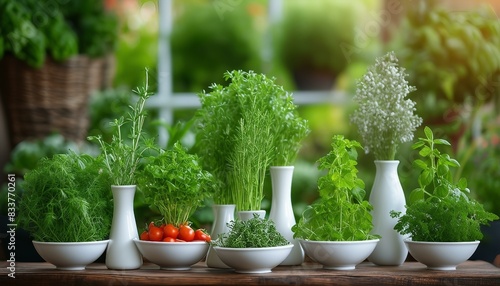 Six colorful white vases display assorted fresh herbs, showcasing nature's beauty with varying heights in an appealing arrangement.