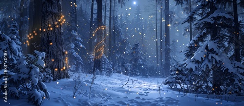 In a snowy forest with lights and stars, snow falls at night