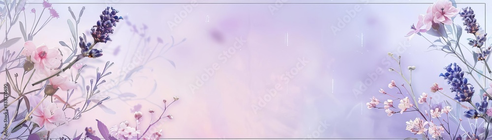 Fototapeta premium Lavender Template A rectangular lavender frame with thin silver borders and floral motifs at the corners The background is a light lavender gradient This soothing template is perfe