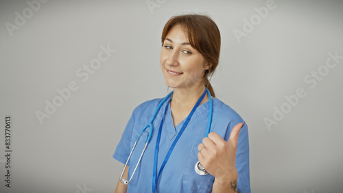 A confident young caucasian woman in blue scrubs gives a thumbs up against a white background.