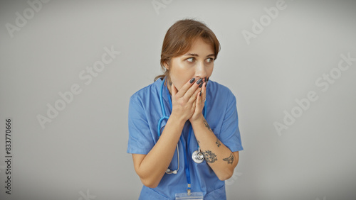 Concerned young caucasian female nurse with tattoos stands before a white background, embodying healthcare and professionalism. photo