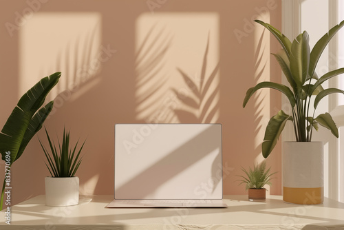 A laptop on a beige table with potted plants on both sides. The background features a beige wall with plant shadows, creating a serene, minimalist workspace.