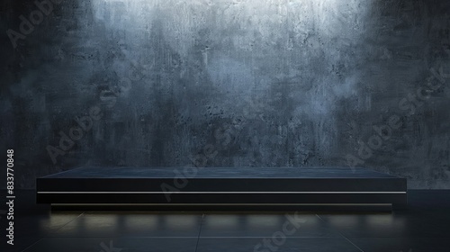 a sleek black podium display on a dark background  featuring a long platform for showcasing