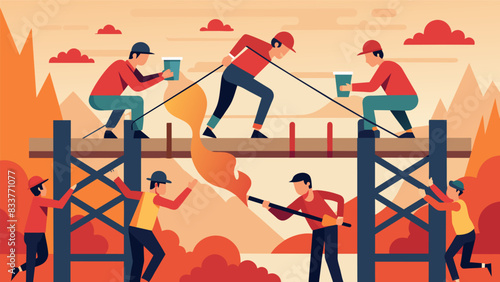 In the heat of the competition engineers and students scramble to troubleshoot a structural flaw in their bridge determined to fix it before time runs. Vector illustration