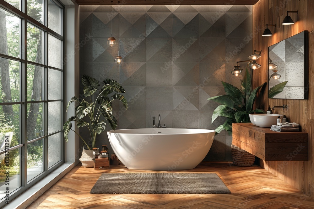 Fototapeta premium modern tile patterns, a modern geometric tile wall in the bathroom brings a contemporary and stylish touch to the interior design, making a bold statement