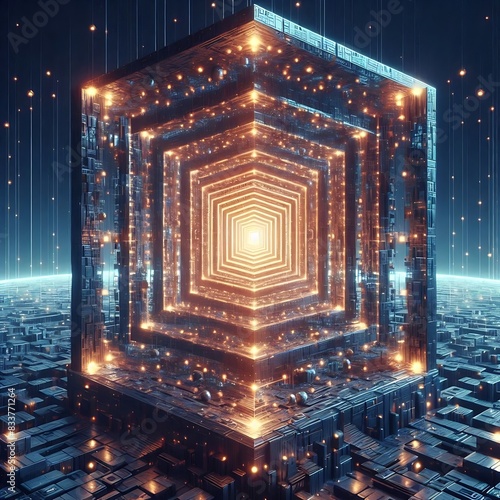 A futuristic cube structure with a glowing recursive design, floating above a night cityscape, symbolizing advanced technology or sci-fi concepts  photo