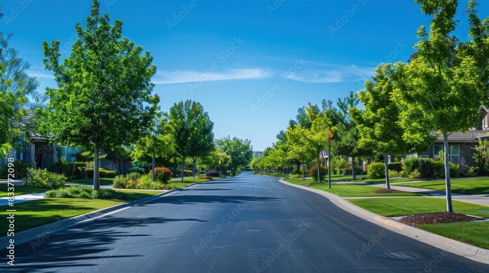 An empty street runs through a well-maintained garden under a clear blue sky