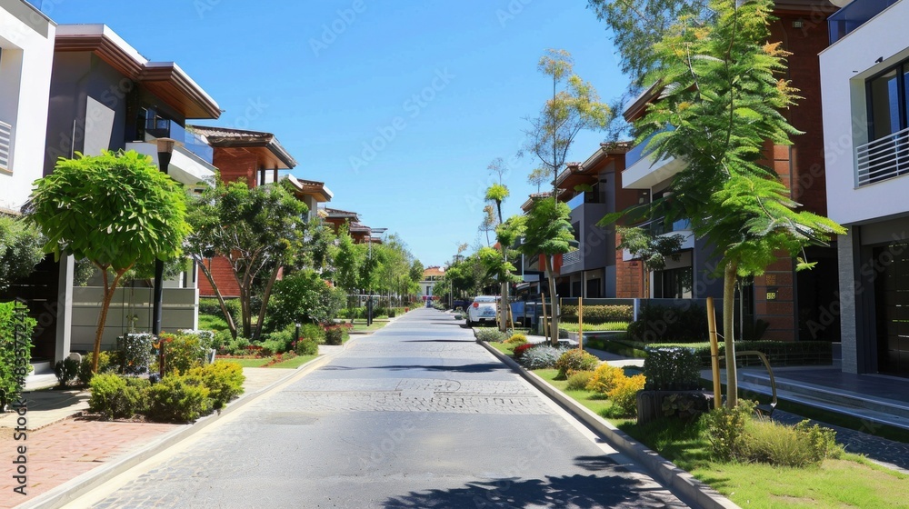 An empty street runs through a well-maintained garden under a clear blue sky