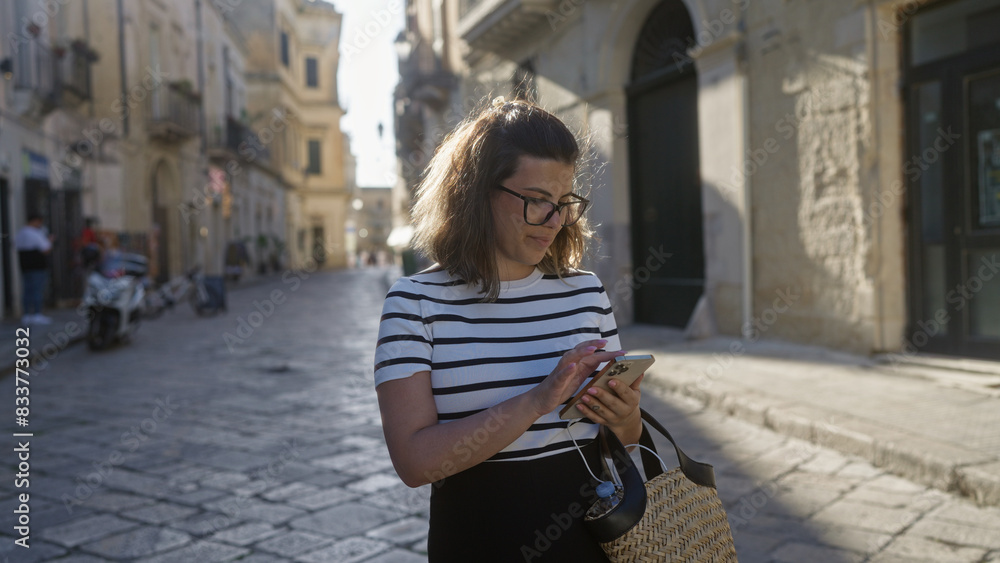 Young hispanic woman using smartphone while walking through historic street in lecce, puglia, italy on a sunny day, showcasing urban lifestyle and casual fashion. Young hispanic woman using smartphone while walking through historic street in lecce, puglia, italy on a sunny day, showcasing urban lifestyle and casual fashion.