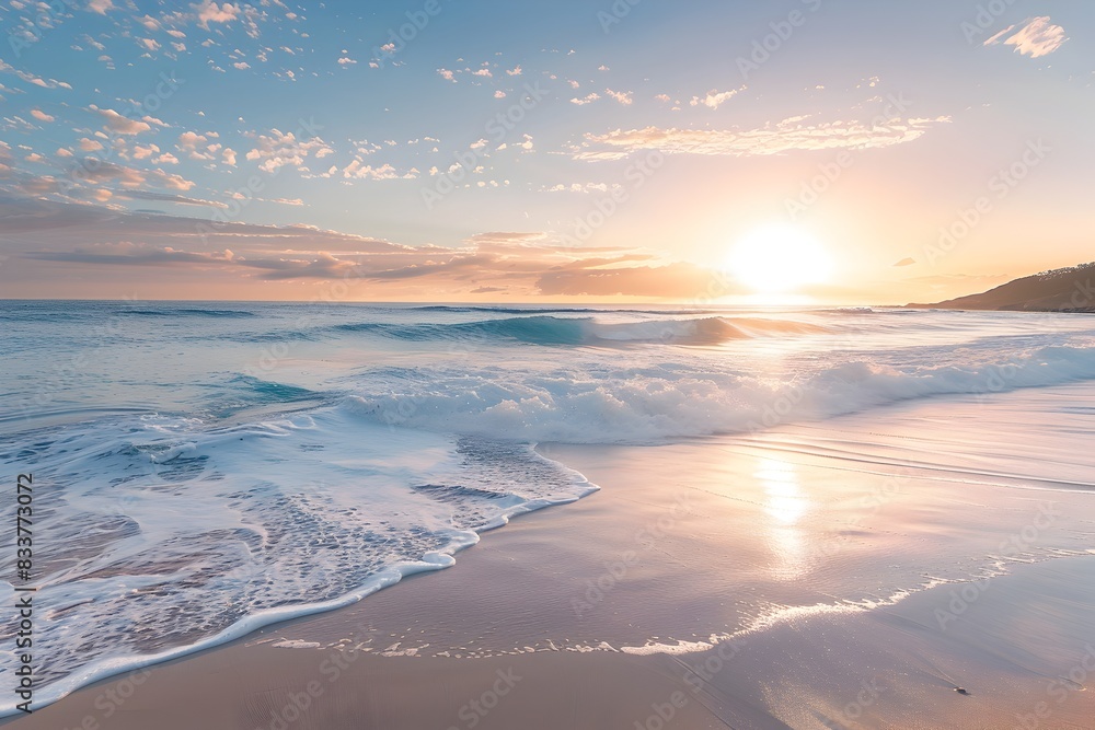 Serene Sunrise Beach with Soft Waves and Clear Skies Serene Sunrise Beach with Soft Waves and Clear Skies