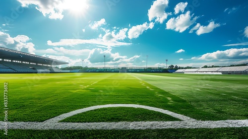 The image shows a large, empty soccer stadium. The grass is green and lush, and the sun is shining brightly. photo