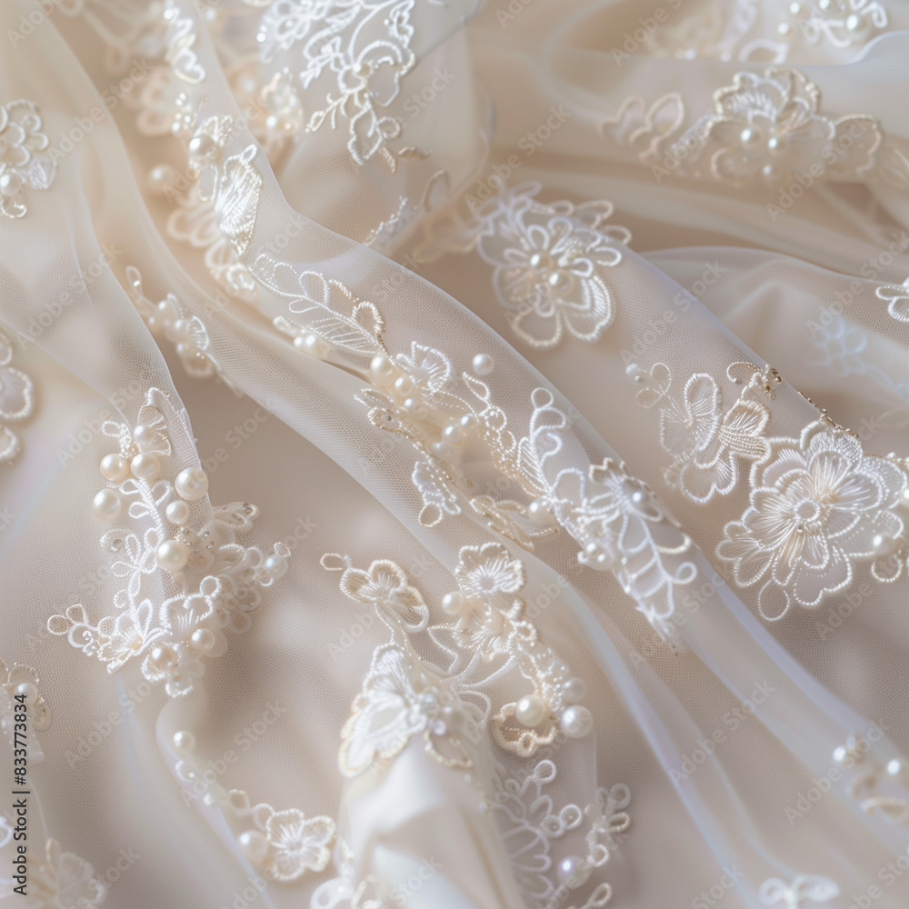 Exquisite Detail of Wedding Dress Fabric: Close-Up of Ivory Lace with Floral Embroidery and Pearl Accents, Elegant Textile Design for Bridal Gowns Exquisite Detail of Wedding Dress Fabric: Close-Up of Ivory Lace with Floral Embroidery and Pearl Accents, Elegant Textile Design for Bridal Gowns