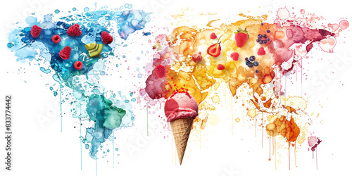 Fototapeta Naklejka Na Ścianę i Meble -  World map made of colorful fruits and ice cream, perfect for travel and culinary concepts.