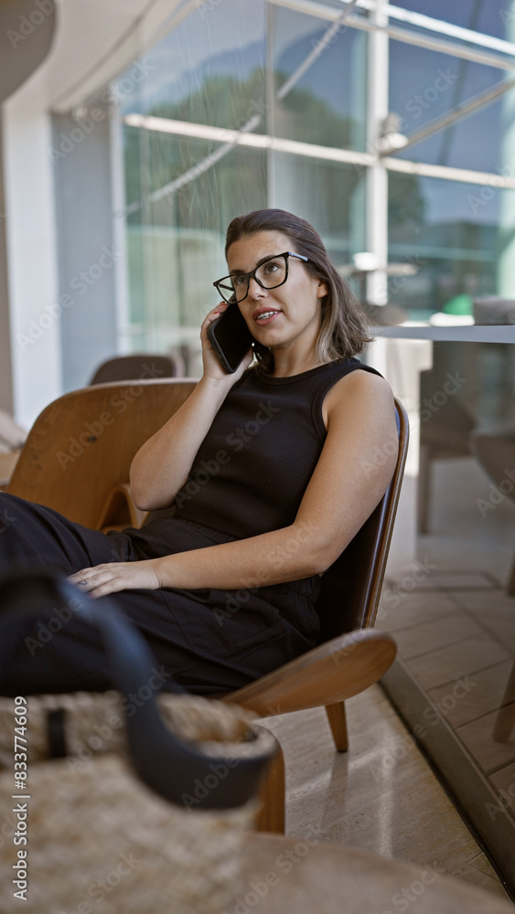 Casual chat, confident and beautiful hispanic woman with glasses happily speaking on the phone at a modern hotel hall lounge Casual chat, confident and beautiful hispanic woman with glasses happily speaking on the phone at a modern hotel hall lounge
