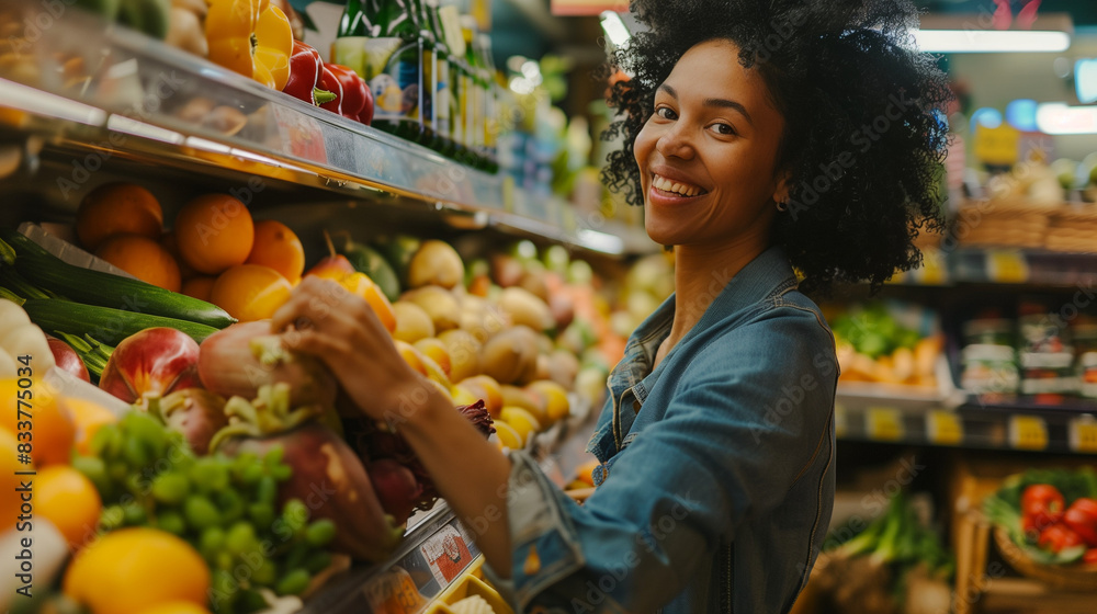 Young Woman Selecting Fresh Produce in a Grocery Store. Vibrant and Colorful Scene with a Variety of Fruits and Vegetables. Perfect for Themes of Healthy Living, Shopping, and Everyday Life Young Woman Selecting Fresh Produce in a Grocery Store. Vibrant and Colorful Scene with a Variety of Fruits and Vegetables. Perfect for Themes of Healthy Living, Shopping, and Everyday Life