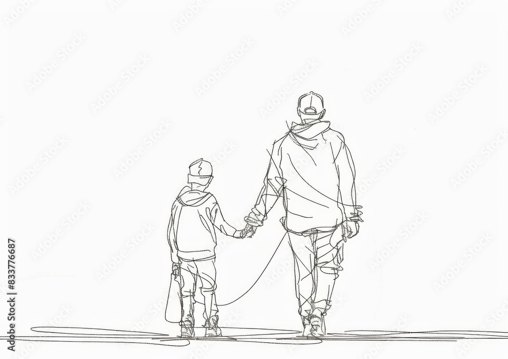 father and son holding hands walking side by side. father and son holding hands walking side by side.