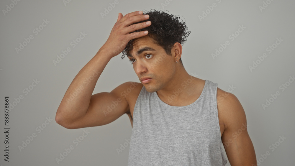 Concerned young hispanic man in tank top touching head against isolated white background Concerned young hispanic man in tank top touching head against isolated white background