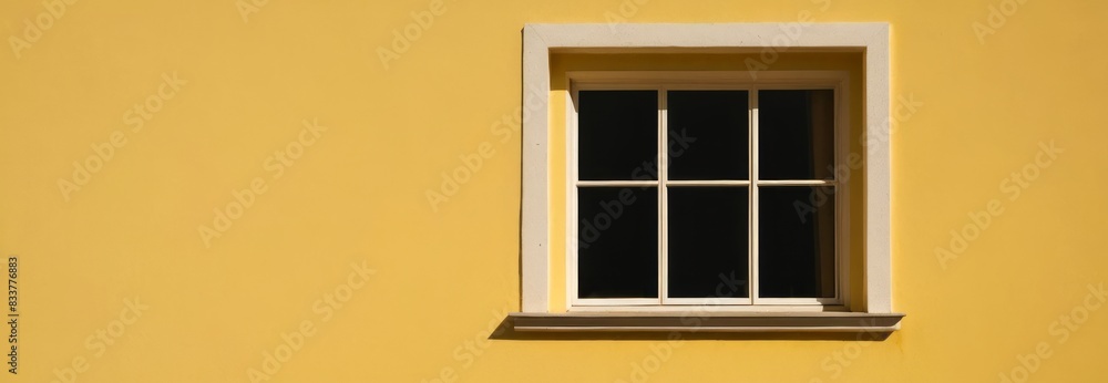 Obraz premium Minimalistic window on a sunny yellow wall, harmony of color and shape in modern architectural design. A concept about color solutions in urban environments and inspiring architectural projects