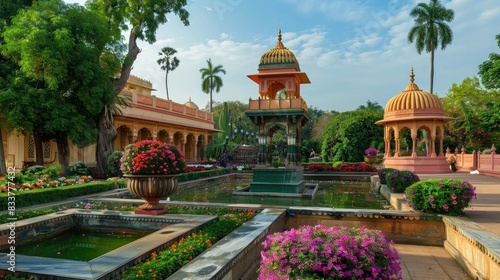 A vibrant and colorful Indian palace garden  with traditional architecture  lush flowers  and a tranquil atmosphere perfect for tourism or cultural exploration