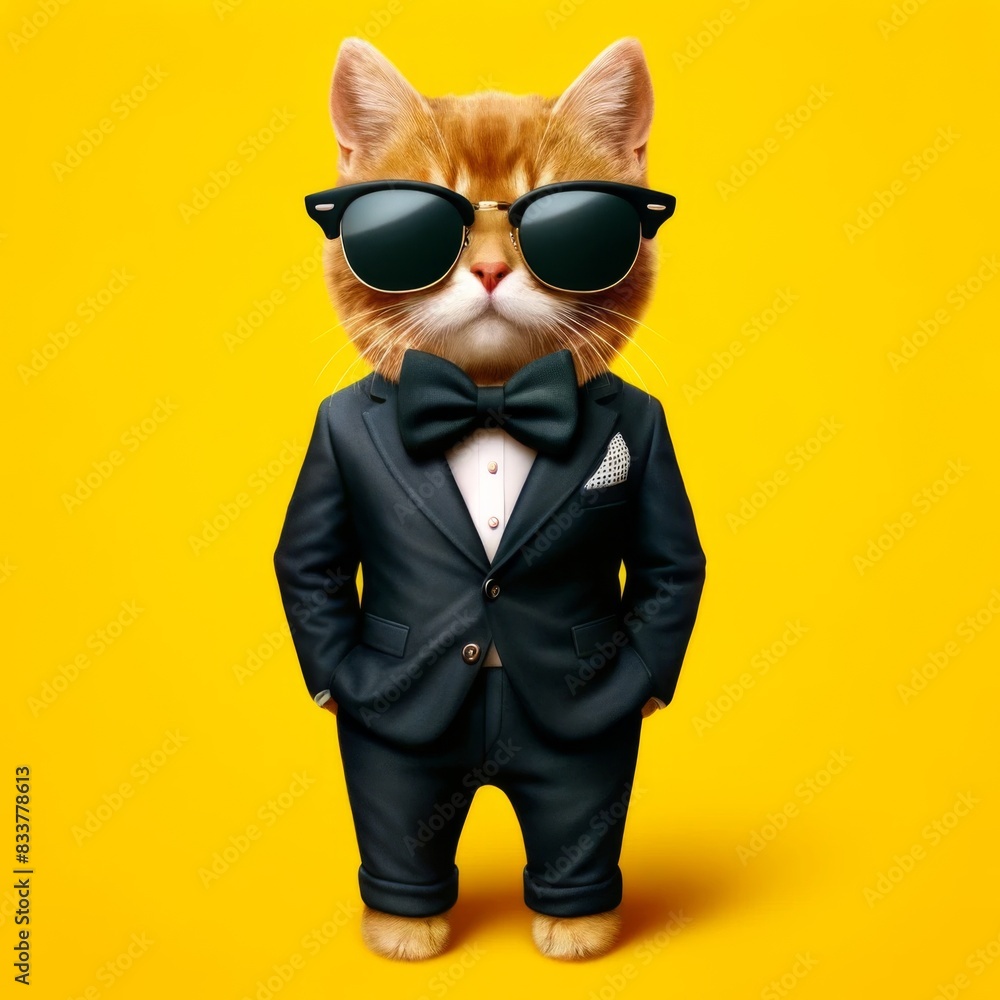 Cool cat in black suit, smoking with bow and sunglasses on yellow background. Space for text Cool cat in black suit, smoking with bow and sunglasses on yellow background. Space for text