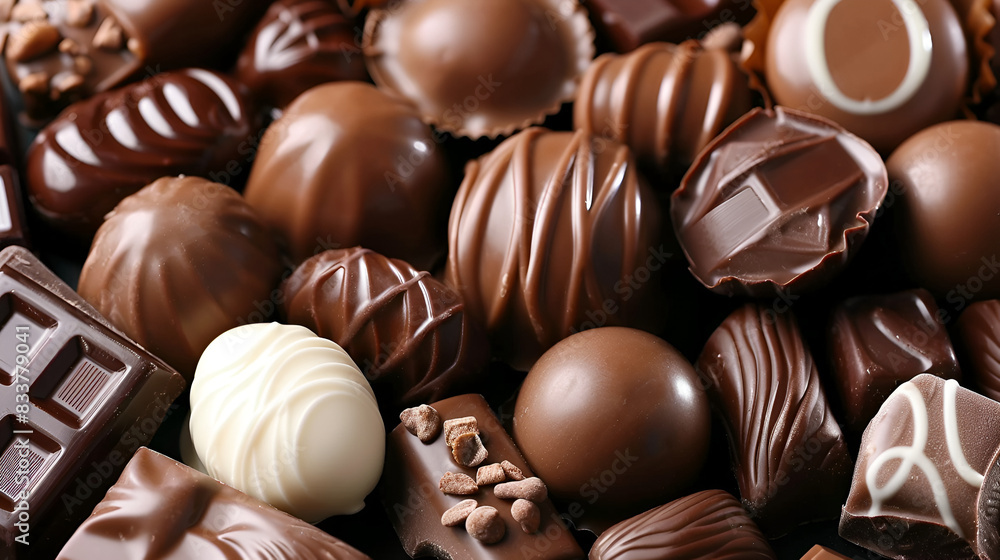 Assortment of delicious chocolate candies in box ,chocolates assorted in a box ,Banner Flat lay of various chocolate candies background, Mixed collection Assortment of delicious chocolate candies in box ,chocolates assorted in a box ,Banner Flat lay of various chocolate candies background, Mixed collection