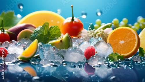 A variety of fresh fruits and vegetables on ice to emphasize freshness and cooling. Orange  lemon  and apple slices can be seen  as well as whole raspberries.